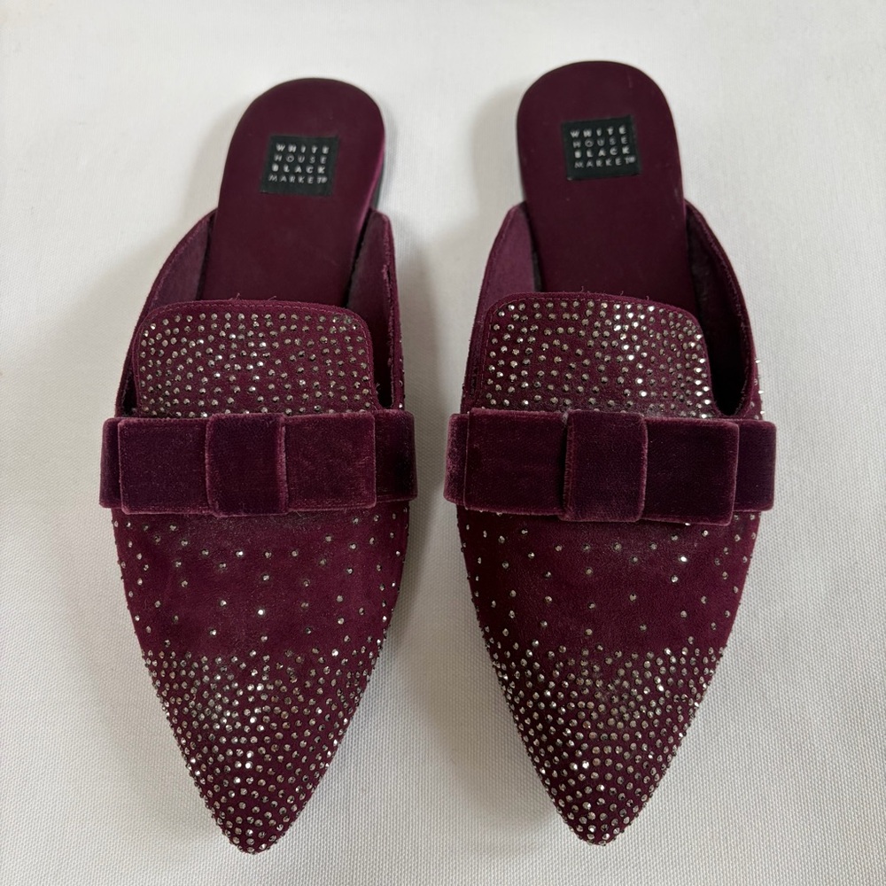 White House Black Market Velvet Bow Sparkly Mules 
Size 7 Maroon